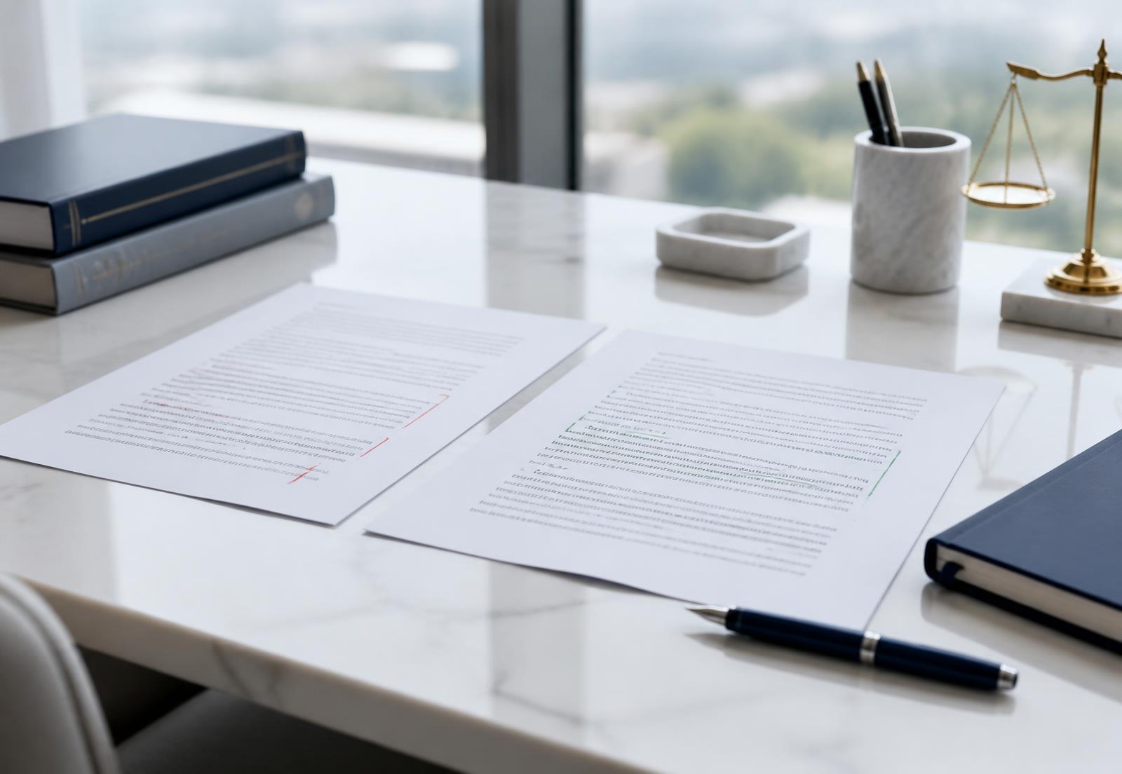 Duas versões de um contrato lado a lado sobre uma mesa, com marcações em vermelho e verde